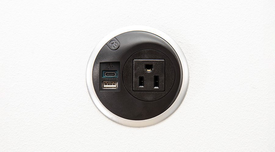 in desk power unit, desk mounted power, usb mounted in desk, sleek power unit