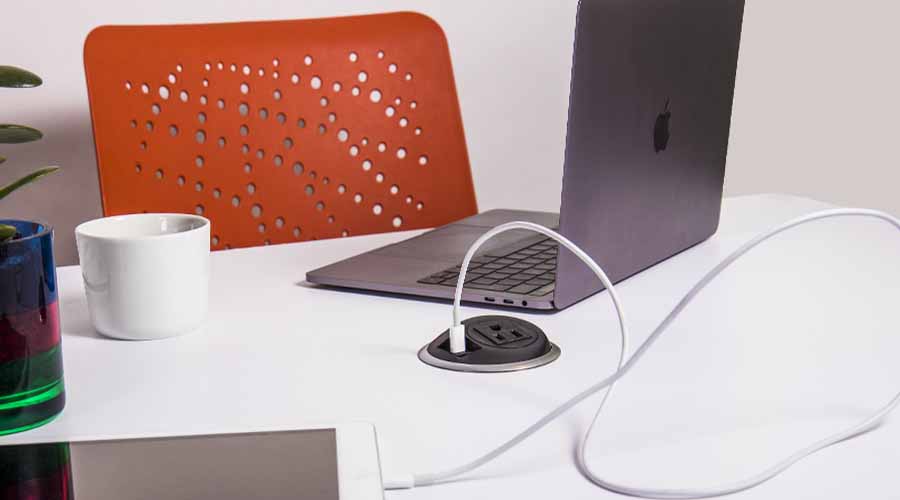 in desk power unit, desk mounted power, usb mounted in desk, sleek power unit