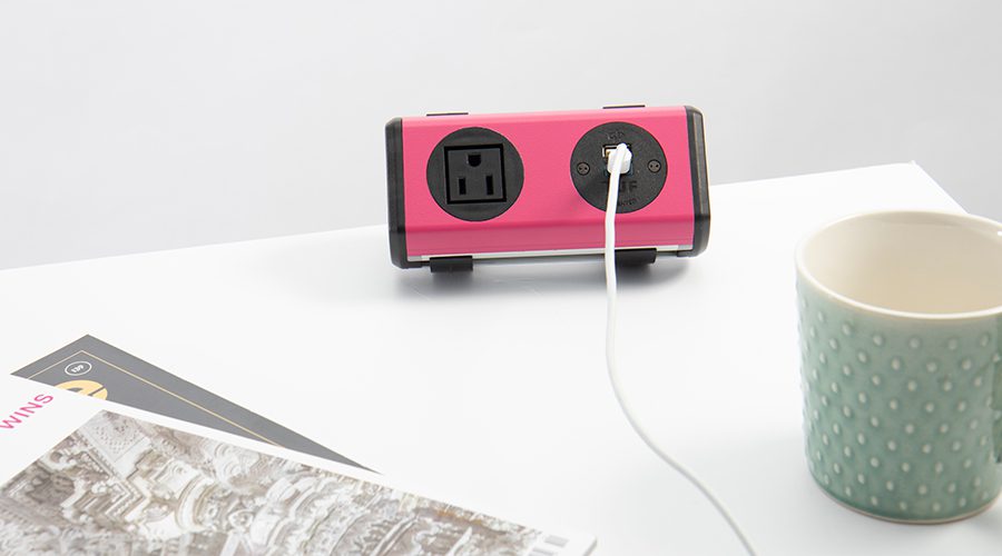 bright pink colorful power unit with nema power and twin usb fast charger, for work surfaces,