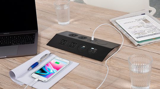 sleek on surface power, meeting room power, flexible workspace power units