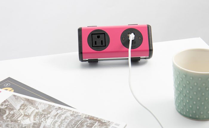 bright pink colorful power unit with nema power and twin usb fast charger, for work surfaces,