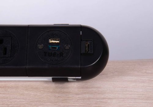 black HDMI endocaps on power unit with twin USB fast charger and nema sockets